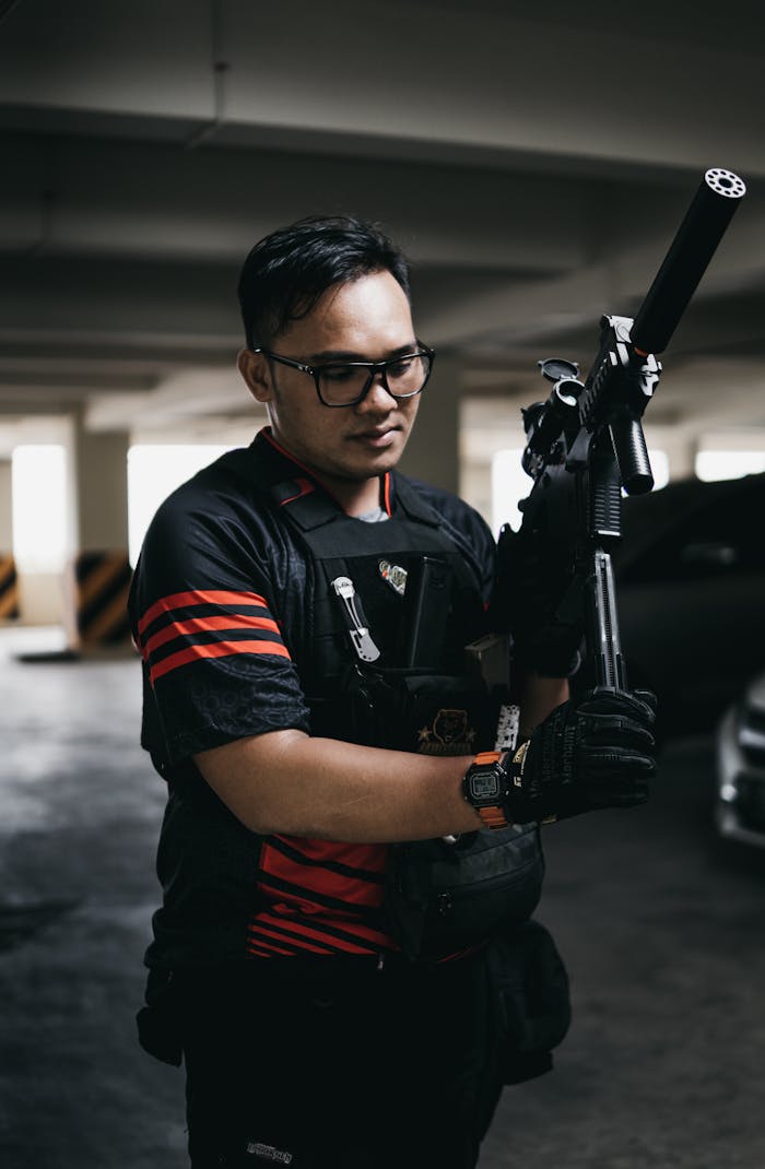 Man in tactical gear holds a rifle in a dimly lit parking garage.